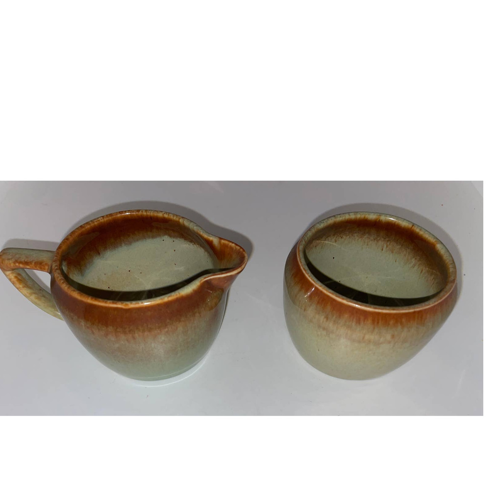 Vintage S Ballard Sugar & Creamer Vermont Pottery Brown Edge Detail Active